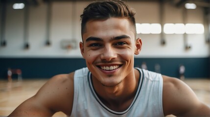 Young handsome male athlete on white jersey uniform portrait image on basketball court gym background smiling looking at camera from Generative AI