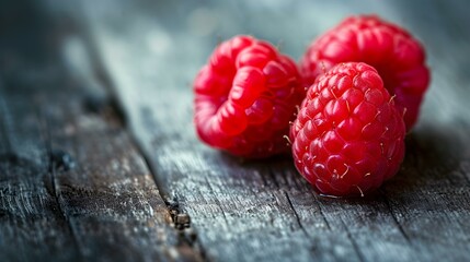 Close up of fresh Raspberries on a rustic wooden Table