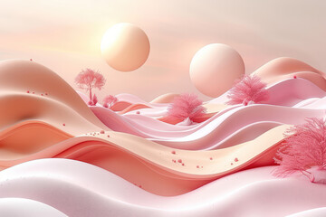 3D rendering of abstract shapes with pink and white color waves, creating an artistic composition with fluid lines and soft curves created with ai.
