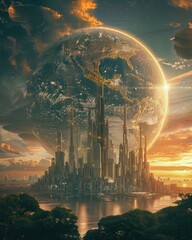 Capture the drama of moral dilemmas through a low-angle view of a futuristic cityscape on a terraformed planet, emphasizing the clash between progress and ethics
