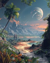 Capture the essence of exploration and wonder by visualizing a birds-eye view of unique habitable exoplanets, teeming with exotic flora and fauna waiting to be discovered by intrepid explorers - obrazy, fototapety, plakaty