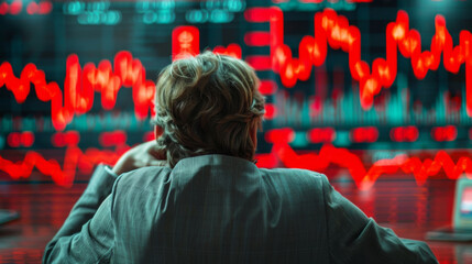 A stock market trader in a suit observes red downward trending graphs, contemplating the volatile market. - obrazy, fototapety, plakaty