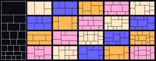 Bento style layout grid templates. Web comics grids, various panel arrangements and different size tiles vector set