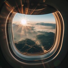Fototapeta premium The sun's rays grace the mountain ridges with golden light, creating a dramatic view from within the curved silhouette of an airplane window.