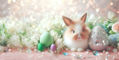 Easter very cute bunny with of crystal eggs and flowers light bokeh