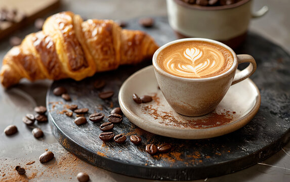 Food photography of a classic italian breakfast at the coffee shop with cappuccino and croissant or brioche. Natural morning lighting