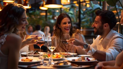 Friends Sharing Gourmet Meal in Chic Restaurant,Capturing Culinary Experiences as Social Bonding
