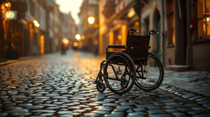 Empty wheelchair on historic cobbled street