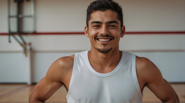 Young handsome male mexican hispanic athlete on white jersey uniform portrait image on basketball court gym background smiling looking at camera from Generative AI