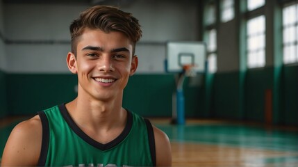 Young handsome male senior high athlete on green jersey uniform portrait image on basketball court gym background smiling looking at camera from Generative AI - obrazy, fototapety, plakaty