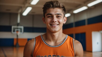Young handsome male senior high athlete on orange jersey uniform portrait image on basketball court gym background smiling looking at camera from Generative AI