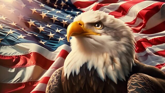 The majestic bald eagle, symbolizing American spirit, stands before the undulating Stars and Stripes