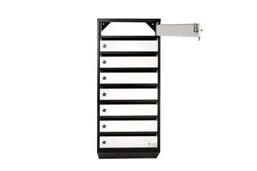 Mail boxes filled of leaflets and letters. Shallow DOF,Mailboxes and Lock in Rows at Entrance