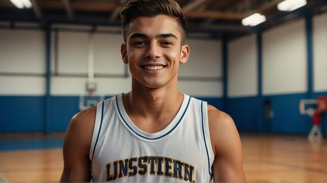 Young handsome male senior high athlete on white jersey uniform portrait image on basketball court gym background smiling looking at camera from Generative AI