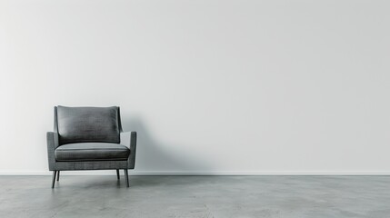 Modern minimalist interior with an elegant grey armchair. Empty space for design concepts, simplicity and cleanliness. Ideal for contemporary decor themes. AI
