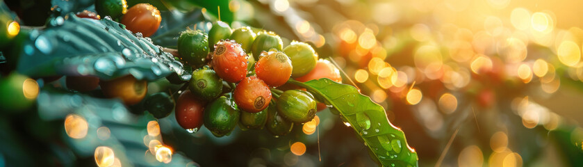 Lush coffee cherries on a branch, wet with dew and shimmering in the soft morning light.