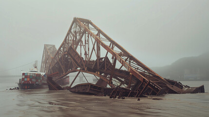 large broken iron bridge made of iron trusses that fell on a container ship during fog