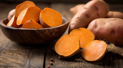 Close up of fresh Sweet Potatoes on a rustic wooden Table