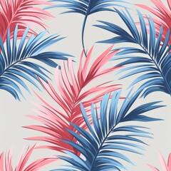 Fototapeta na wymiar Tropical Palm Leaf Pattern in Blue and Pink Colors on Grey Background Seamless Design for Textile and Wallpaper