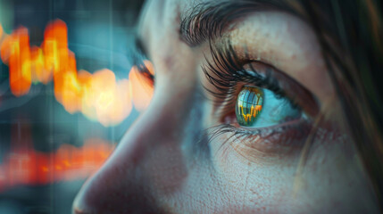 Macro shot of a woman's eye with stock exchange data graph reflected on the iris, symbolizing financial vision.