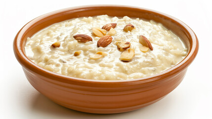 Traditional Payesh Rice Pudding in Terracotta Clay Bowl on White Background