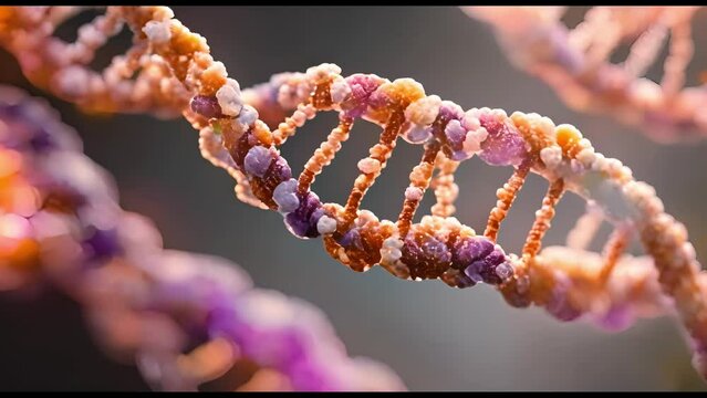 DNA strands, twisted helix detailed with artistic precision, 3D render, 4K video for science research and studies.