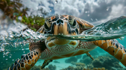 Underwater close-up of a sea turtle swimming near the ocean surface, breaking through water.