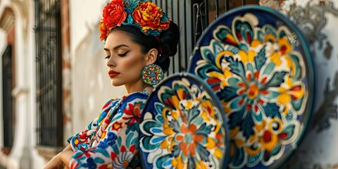 Fototapeta premium A woman wearing a flowery dress and a flower headband sits in front of a blue