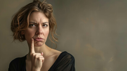 Caucasian Woman Shows An Emotion of Doubt and Gestures With Her Finger. Conveying a Sense of Hesitation And Questioning - obrazy, fototapety, plakaty