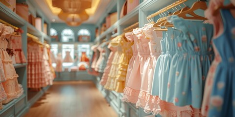 Fashionable children's clothing store with colorful displays of modern clothes on racks. - obrazy, fototapety, plakaty