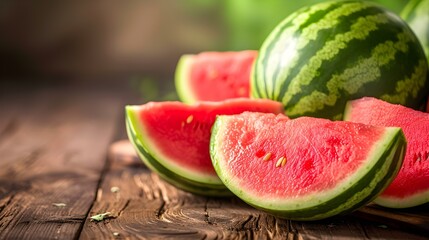 Close up of fresh Watermelons on a rustic wooden Table