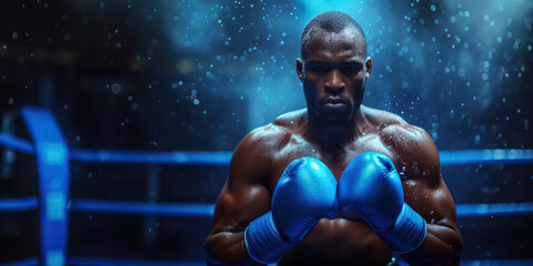 portrait of confident black male professional boxer in blue gloves in a boxing ring