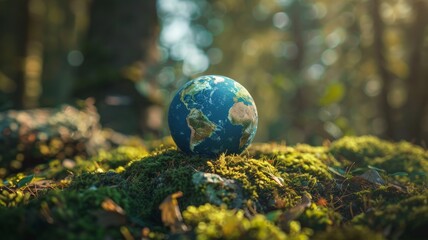 Obraz na płótnie Canvas world environment day, earth day ,Environmentally friendly planet poster. Ecology concept.Globe On Moss In Forest Environmental Earth day concept.