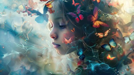 Little girl's face with watercolor effects with butterfly images and colorful AI generated images - obrazy, fototapety, plakaty