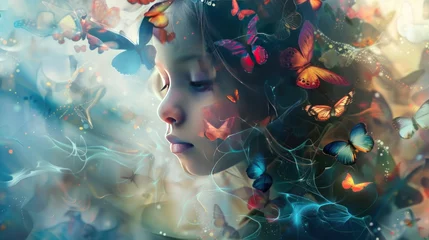 Tuinposter Little girl's face with watercolor effects with butterfly images and colorful AI generated images © abdul kahfi