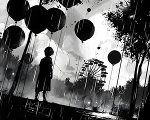 Water-Filled Balloon Dunking Carnival Games: A Noir-Inspired Amusement Park Experience - obrazy, fototapety, plakaty