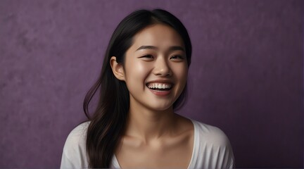 young asian woman on plain bright purple background laughing hysterically looking at camera background banner template ad marketing concept from Generative AI