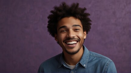 young british man on plain bright purple background laughing hysterically looking at camera background banner template ad marketing concept from Generative AI