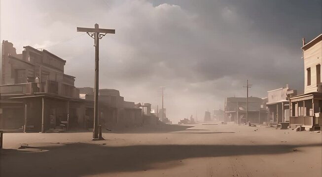 Small town in a sandstorm. Old west. Wild west. Small historical western town. Ghost town in a dry season. Monochromatic cinematic small city street perspective. Cloudy sky