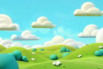 Rolgordijnen 3d realistic cartoon green hills with white clouds on blue sky background. Summer landscape environment. Minimal nature cute composition. © STOCKAI