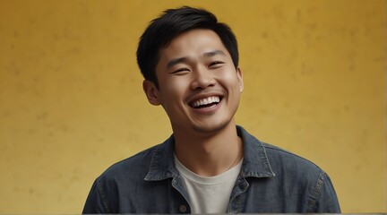 young chinese man on plain bright yellow background laughing hysterically looking at camera background banner template ad marketing concept from Generative AI