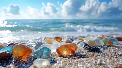 Create a podcast series featuring interviews with scientists, artists, and locals sharing their insights and stories about the beach with transparent colored natural stones.
