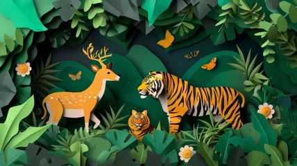 Fensteraufkleber world environment day. earth day. World Wildlife Day with the animal in forest , Paper art and digital craft style. © Tong