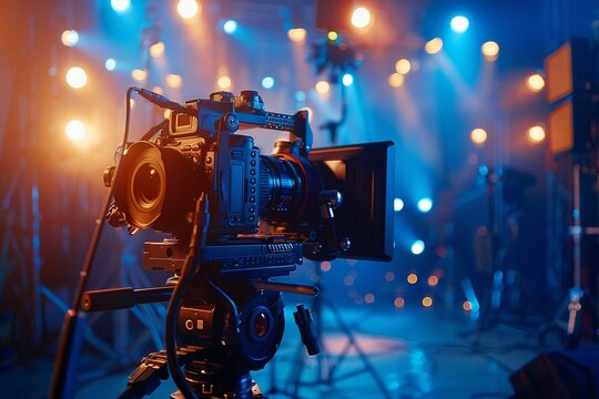 Camera on dolly, closeup, studio lights for a behindthescenes filmmaking background , high-resolution