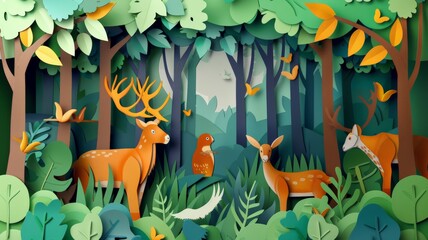 world environment day. earth day. World Wildlife Day with the animal in forest , Paper art and digital craft style.