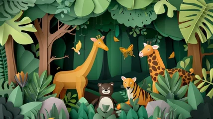 Wandaufkleber world environment day. earth day. World Wildlife Day with the animal in forest , Paper art and digital craft style. © Tong