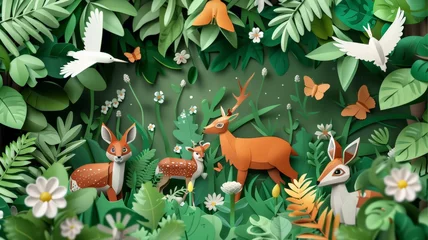 Meubelstickers world environment day. earth day. World Wildlife Day with the animal in forest , Paper art and digital craft style. © Tong