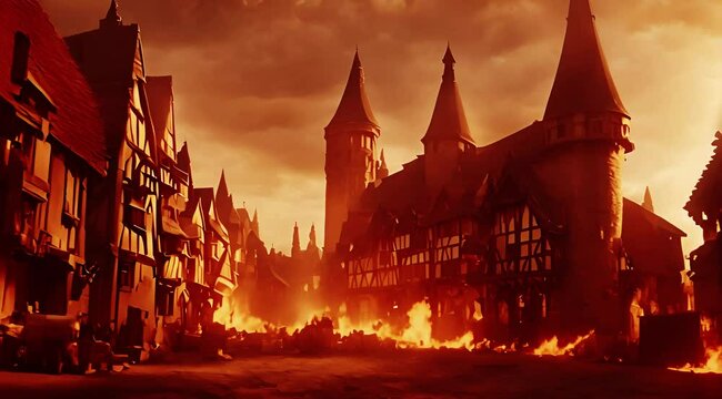 A medieval town burning down in flames. Church on fire. Medieval castle city after a battle attack. Large flames and fire. Cloudy sky. Historial fiction of the rise and fall of an Empire. Old, vintage