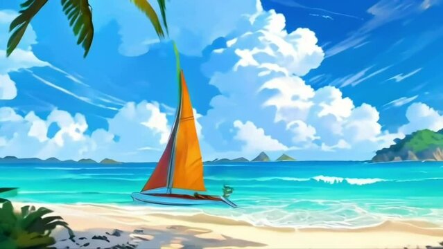 A picturesque sailboat glides on the turquoise ocean, framed by a backdrop of a clear blue sky dotted with fluffy white clouds and a lush tropical island in the distance. Anime landscape for summer.