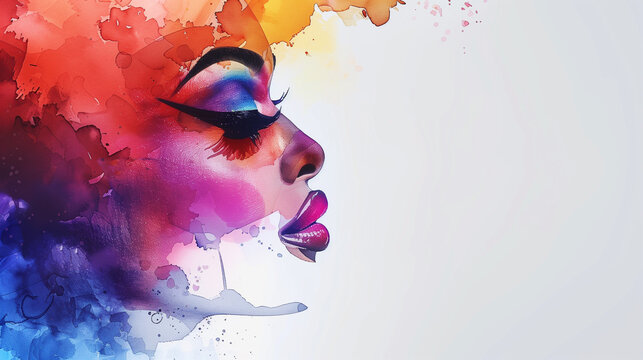 Watercolor illustration of an African American woman with colorful makeup, side profile, watercolour painting of a gay black drag queen at pride month, LGBTQ+ festival. white background copy space